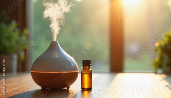 Fototapeta Aromatherapy diffuser with essential oil bottle and warm mood in the sunlight