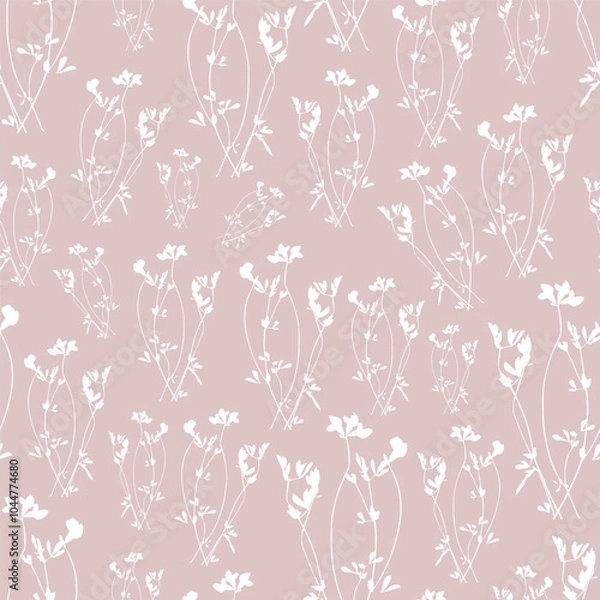Obraz Seamless pattern of thin, white floral silhouettes on a muted, dusty pink background