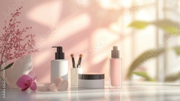 Fototapeta Collection of cosmetic items on a table with a blurred backdrop leaving space for text