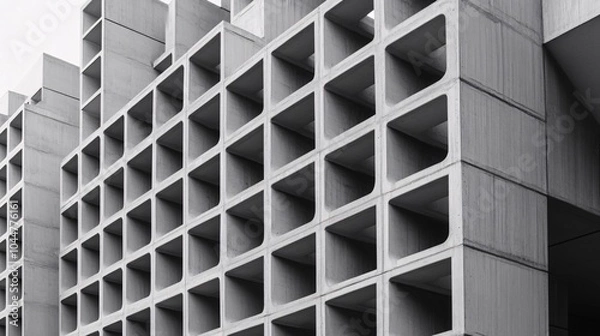 Obraz 2410 104.A modern buildingâ€™s ventilation block wall with a precise grid of air-permeable blocks arranged in a uniform pattern. The geometric shapes create an architectural feature that is both