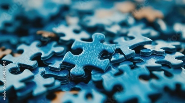 Fototapeta Close up of scattered blue puzzle pieces symbolizing problem solving and connections