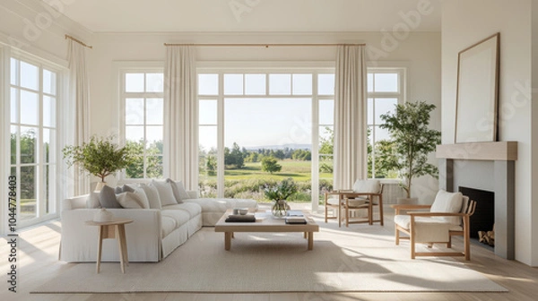 Fototapeta A bright and airy living room features large windows with scenic view, showcasing modern design with neutral tones. space includes comfortable sofa, wooden furniture, and greenery, creating serene atm