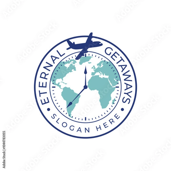 Obraz Travel-themed vector logo featuring a clock, world map, and airplane. - Vector