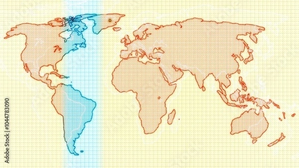 Fototapeta Stylized World Map with Red Outlines and Blue Stripe