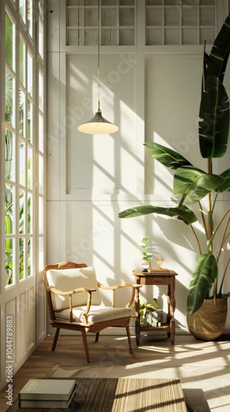 Fototapeta A cozy interior featuring wooden chair, small table, and large indoor plant, illuminated by natural light streaming through large windows. serene atmosphere invites relaxation and comfort