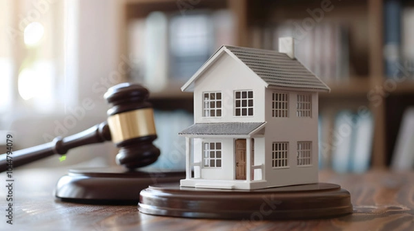 Fototapeta Close up Conceptual White Miniature House on Top of the Table Beside Court Gavel