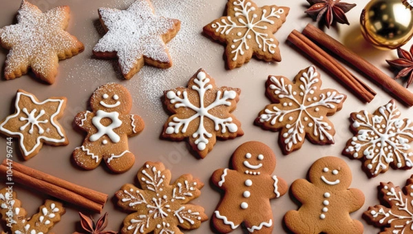 Fototapeta Delicious Christmas Gingerbread Cookies of Different Form with Cinnamon, Decorated with Icing