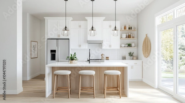 Fototapeta Modern kitchen design features white cabinetry, spacious island with wooden stools, and stylish pendant lighting, creating bright and inviting atmosphere