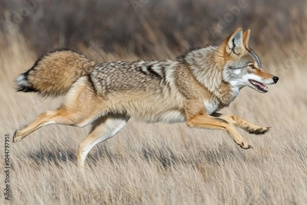 Obraz A stunning coyote gracefully leaps across the golden grasslands, capturing the essence of wildlife in motion with an air of freedom and vitality.