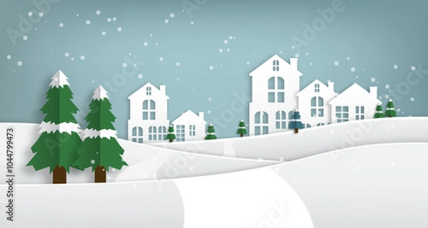 Obraz Snowy mountain winter landscape scenery paper cut style