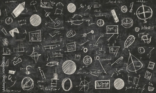 Fototapeta Chalkboard full of math drawings and equations.