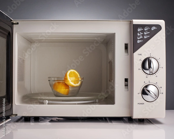 Fototapeta Lemon in white open microwave on gray background