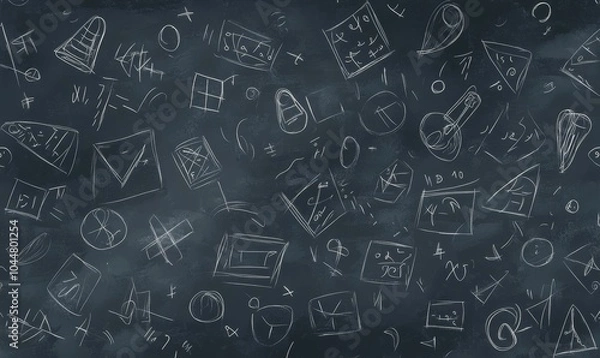 Fototapeta Chalkboard filled with random scribbles and shapes.