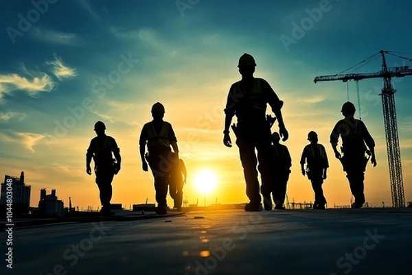 Fototapeta Silhouetted construction workers at sunset, showcasing teamwork and dedication.