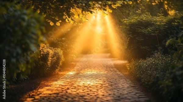 Fototapeta Golden rays illuminating a cobblestone path, representing a healthy and successful life journey, framed by lush green bushes, ethereal atmosphere