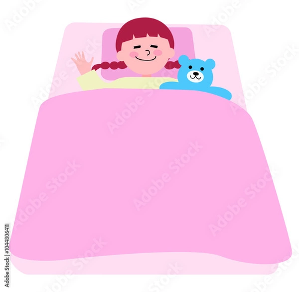 Obraz 布団をかぶって幸せそうにクマのぬいぐるみと寝る幼い女の子のイラスト