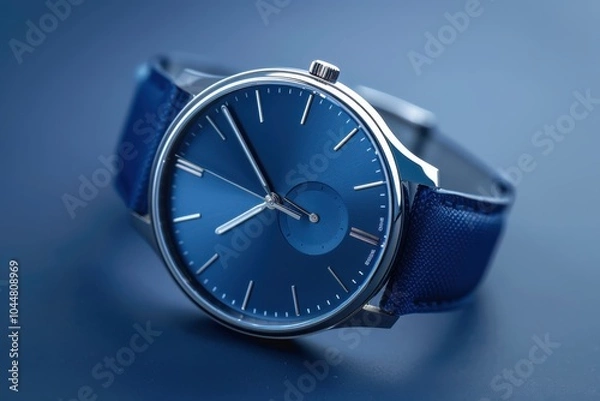 Obraz Elegant blue watch with a leather strap on a dark surface