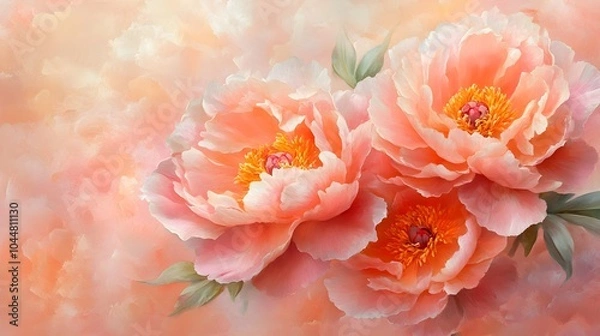 Fototapeta Peonies in full bloom, arranged delicately on a smooth pastel pink background, soft lighting, watercolor effect, Mother's Day theme, elegant and soft edges
