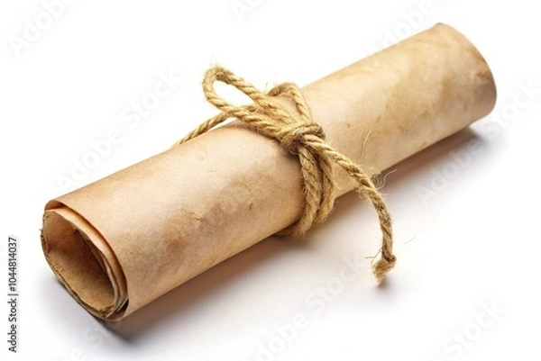 Fototapeta Vintage rolled parchment scroll tied with twine isolated on white background flat lay Low Angle