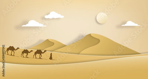 Obraz Arabian desert landscape with caravan paper cut style.