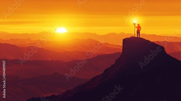 Fototapeta Silhouette of a Person Standing on a Mountaintop at Sunset with a Luminous Staff