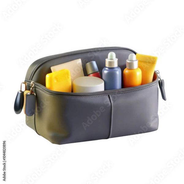 Fototapeta A stylish toiletry bag filled with various cosmetic and grooming products in vibrant colors, showcasing modern design and functionality.