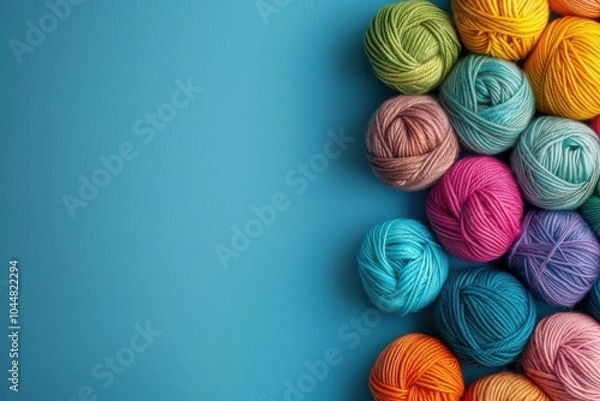 Fototapeta Colorful yarn balls arranged on a blue background for crafting and knitting activities