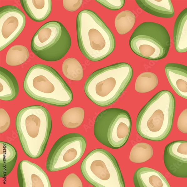 Fototapeta Seamless pattern with hand drawn avocado slice on red background. Design for fabric, kitchen decor, wallpaper.