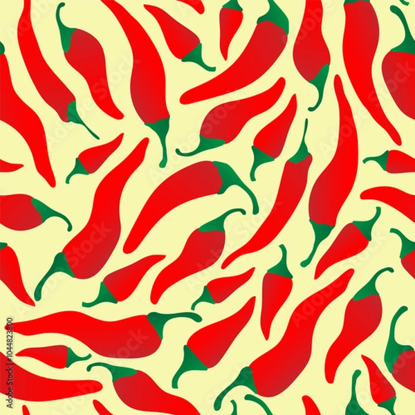 Obraz Seamless pattern with hand drawn red chili pepper on yellow background. Design for fabric, kitchen decor, wallpaper packaging paper.