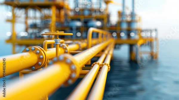 Fototapeta Offshore oil rig with yellow pipelines extending into ocean, showcasing industrial infrastructure and technology. scene conveys sense of energy and innovation