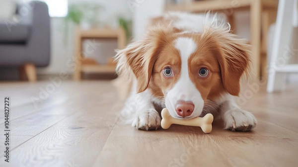 Fototapeta A playful dog with bone lies on wooden floor, showcasing its curious expression and fluffy fur. cozy indoor setting adds warmth to scene