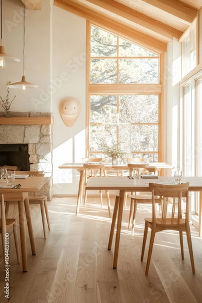 Fototapeta A bright and airy interior featuring wooden tables and chairs, large windows allowing natural light, and cozy fireplace. design emphasizes simplicity and warmth, creating welcoming atmosphere