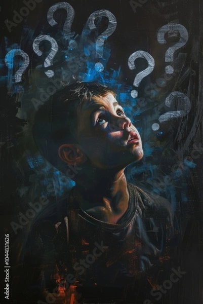 Fototapeta A young boy looks up with wonder, his expression filled with curiosity as question marks float around him, reflecting deep thoughts and questions about life