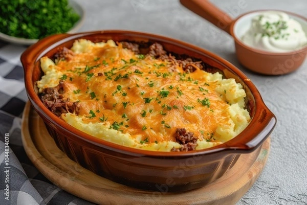 Fototapeta A dish of escondidinho de carne, a layered casserole with shredded beef and creamy mashed cassava, topped with melted cheese