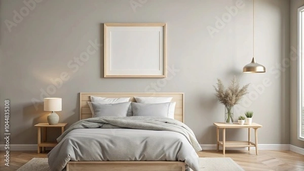 Fototapeta Silhouette wall art mockup on light gray wall with light wood frame in horizontal beige