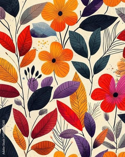 Fototapeta Colorful botanical illustrations in minimalist style Colorful floral pattern on a light background