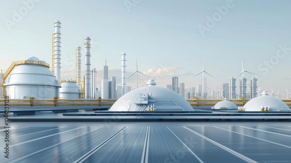 Fototapeta Futuristic hydrogen production facility with advanced technology, solar panels, and wind turbines. skyline features modern buildings, showcasing sustainable energy future