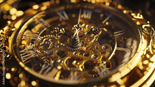 Fototapeta close up of golden pocket watch showcasing intricate details and craftsmanship. watch features ornate designs, sparkling jewels, and classic aesthetic that evokes sense of timeless elegance
