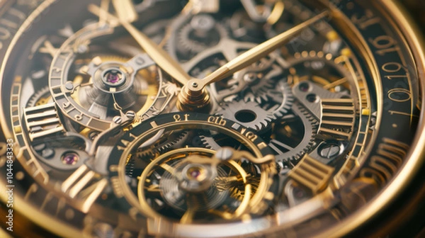 Fototapeta detailed shot of gold plated watch face showcasing intricate gears and mechanisms, highlighting craftsmanship and elegance of timekeeping