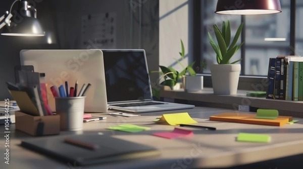 Fototapeta A 3D render of a desk with a laptop, sticky notes, and a pen holder