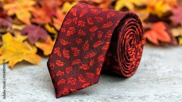 Fototapeta A vibrant red tie with a detailed pattern, set against a backdrop of colorful autumn leaves, showcasing seasonal style and elegance.