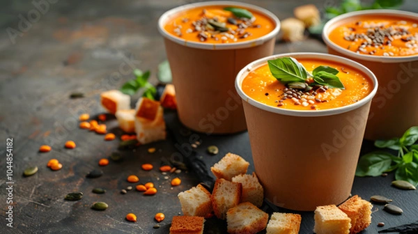 Fototapeta Thick vegan pumpkin cream soup with seeds and croutons in disposable cups of craft paper. Soup to go. Healthy food delivery. Space for text
