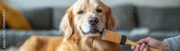 Fototapeta Golden retriever being gently brushed by its owner, bright natural lighting, ultrarealistic detail of fur, brush, and relaxed expression during grooming
