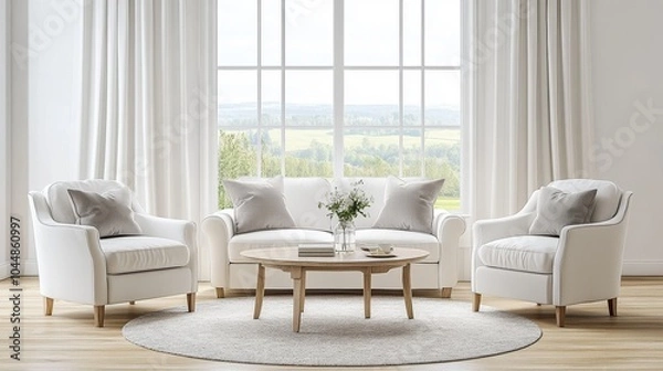 Fototapeta A bright white living room with a comfy sofa, two armchairs, and a coffee table on a rug. The room has a beautiful view of the countryside through a large window. The floor is made of hardwood.