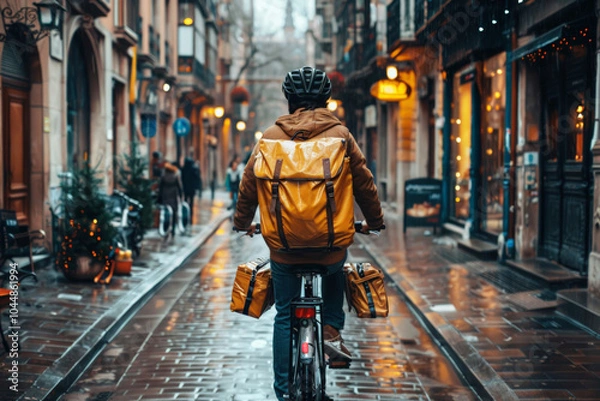 Fototapeta Delivery cyclist with a yellow backpack in a rainy cityscape. Generative AI image