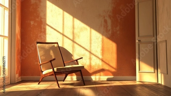 Fototapeta A chair in a room, shown in a 3D image.
