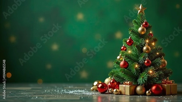 Fototapeta close-up banner of a Christmas tree on the right side decorated with gold and red balls and a yellow star, with golden gift boxes and christmas balls under the tree, green blur background
