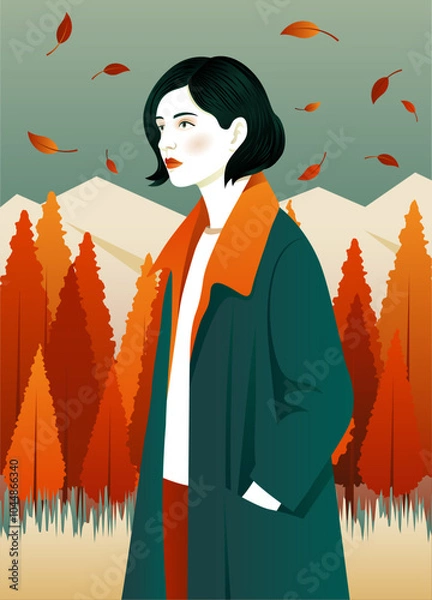 Obraz A dark-haired girl in a coat walks through the autumn forest