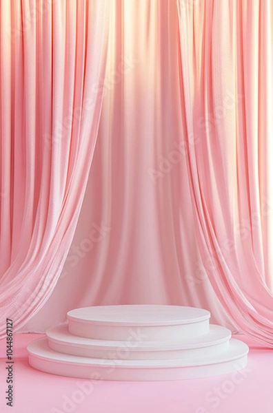 Fototapeta 3D Rendered Podium Adorned with Light Blush Curtains