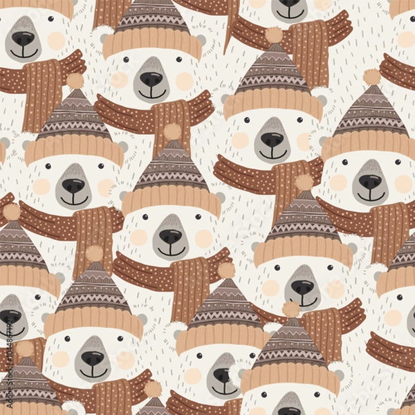 Obraz Seamless pattern with the image of a polar bear in a knitted hat and scarf in a delicate pastel color scheme in a cartoon style